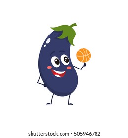 Cheerful smiling eggplant spinning a basketball on its finger, cartoon vector illustration isolated on white background. Cute funny eggplant character with a basketball, doing sport