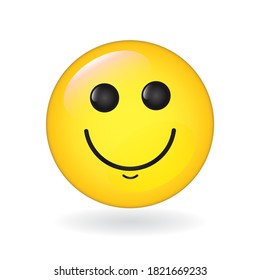 A cheerful smiling face emoji with round black eyes isolated on white background. 3d emoticon smiles showing a true sense of happiness, kindness, calmness. Vector illustration, social media sticker