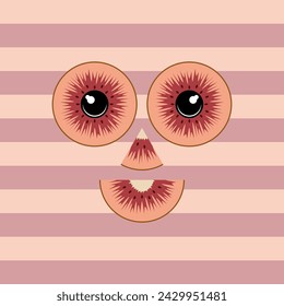 Cheerful smiling face made from slices of red kiwi. Isolated vector object.