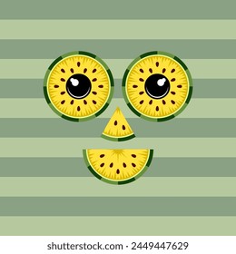 Cheerful smiling face made from slices of juicy yellow watermelon. Isolated vector object.