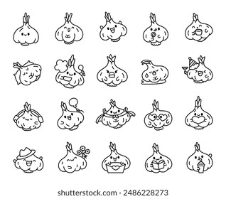 Cheerful smiling garlic character. Coloring Page. Funny cartoon vegetable with a cute face. Hand drawn style. Vector drawing. Collection of design elements.