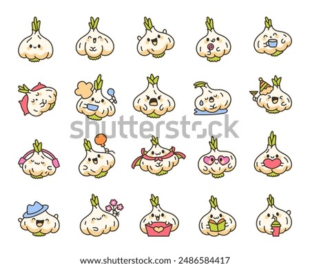 Cheerful smiling garlic character. Funny cartoon vegetable with a cute face. Hand drawn style. Vector drawing. Collection of design elements.