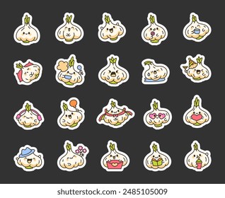 Cheerful smiling garlic character. Sticker Bookmark. Funny cartoon vegetable with a cute face. Hand drawn style. Vector drawing. Collection of design elements.