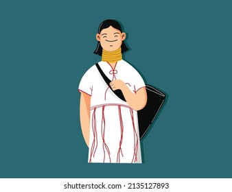 Cheerful Smiling Girl In A Long Neck Karen Dress Ethnic Minority Vector Illustration