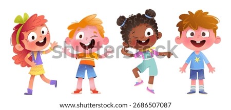 Cheerful smiling group of kids dancing and playing together. Colorful children characters graphic design for party or childhood event. Kids laughing and smiling vector clip art collection.