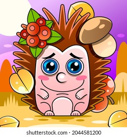 Cheerful smiling hedgehog eats ripe berries of viburnum and autumn leaves isolated on white background. Vector cartoon close-up illustration.