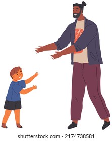 Cheerful smiling laughing father and son walking together, man talking to little boy. Child stretched out his hands forward asks dad to take him in arms. Happy family child care and parenting