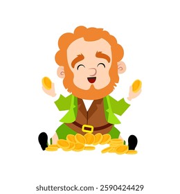 A cheerful smiling leprechaun sits on a pile of gold coins