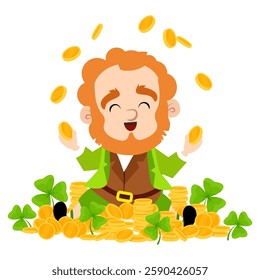 A cheerful smiling leprechaun sits on a pile of gold coins and juggles the coins