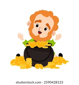 A cheerful smiling leprechaun sits on a pile of gold coins and has a pot of coins in front of him