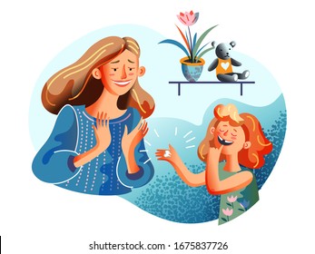 Cheerful smiling little girl daughter proudly showing happy mother lost first tooth in hand. Mom rejoicing toothless child happiness. Happy childhood. Dental children. Vector illustration