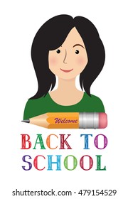 Cheerful smiling little girl with pencil and lettering on white background. Looking at camera. Back to school concept