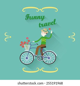 Cheerful smiling man in a hat riding a bicycle with a basket with red flowers, waving his hand in greeting