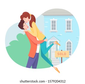 Cheerful smiling man and woman couple in love hugging buying new house real estate on sale cartoon. Girlfriend and boyfriend characters. Happy young family. Vector flat cutout illustration