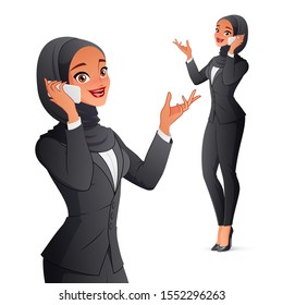 Cheerful smiling Muslim businesswoman in hijab and office wear talking on phone. Vector illustration isolated on white background.