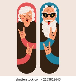 Alegre hombre y mujer viejito sonriente mostrando un signo de rock a mano. Juego de moda, paquete de emoticones de ilustraciones de la abuela feliz y el abuelo, plantilla de diseño de skateboard.