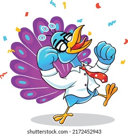 cheerful smiling peacock mascot in work suits celebrates victory for his achievements in his office