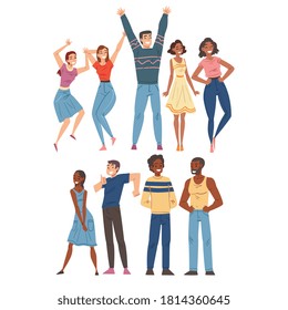 Cheerful Smiling People Set, Happy Young Men and Women in Casual Clothes Cartoon Style Vector Illustration