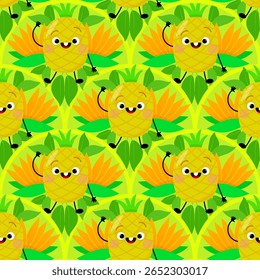 Cheerful smiling pineapple character in seamless pattern with leaves on green background