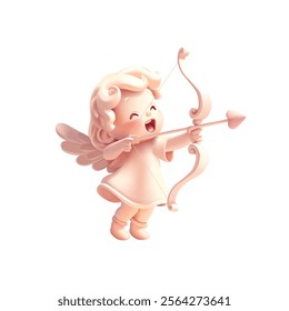 Cheerful, smiling, playful cupid character shooting love arrows from a bow, 3D. Realistic cupid for love, religion, and happiness concepts. Vector