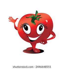 A cheerful and smiling red tomato. Color vector drawing on a white background. It is drawn in the Adobe Illustrator program. The image is intended for printing.