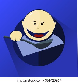 cheerful smiling round face of a child opening her mouth pulls tablespoon, enclosed in a dark blue circle, on a bright blue background, casts a straight shadow, vector
