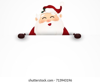 Cheerful, smiling Santa Claus standing behind a blank signboard, advertisement banner with copy space.  Vector cartoon illustration.