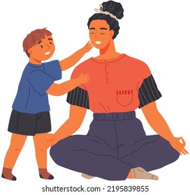 Cheerful smiling son talking to mother doing yoga, woman spend time with little boy together. Child stretched out his hands forward asks mom to take him in arms. Happy family child care and