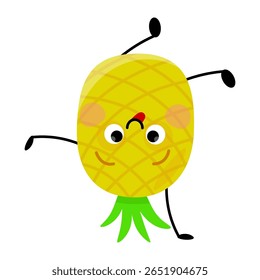 Cheerful smiling summer pineapple character standing upside down on hand