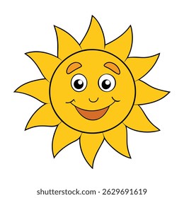 A cheerful smiling sun character with bright rays, a happy face, and warm, glowing colors that radiate positivity, joy, and energy like a sunny day.
