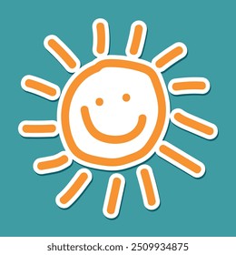 Doodle sonriente alegre del sol con el contorno naranja en fondo verde azulado