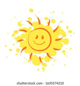 Cheerful smiling Sun with paint drops on background. Summer vibes, hello summer concept.