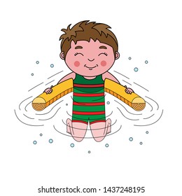 Cheerful Smiling Teenage Boy Plays Water Games On Floating Pool Swim Noodle Aid Tube Accessory, Body Half Submerged In Water. Colored Cartoon Vector Illustration Isolated On White Background For Kids