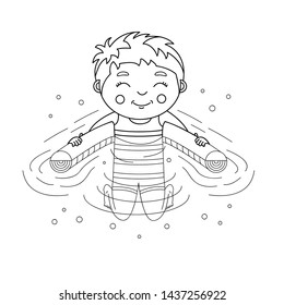 Cheerful Smiling Teenage Boy Plays On Floating Pool Swim Noodle Aid Tube Accessory, Body Half Submerged In Water. Black And White Doodle Cartoon Vector Illustration Isolated, Kids Coloring Book Print