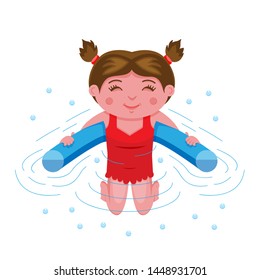 Cheerful Smiling Teenage Girl Plays Water Games On Floating Pool Swim Noodle Aid Tube Accessory, Body Half Submerged In Water. Colored Cartoon Flat Style Vector Illustration Isolated White Background