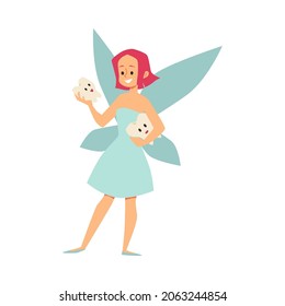 Cheerful smiling tooth fairy holding two fallen baby teeth in her hands in flat vector illustration isolated on white background. Fairy elf with wings from child fantasy, mythological character
