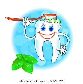 Cheerful smiling tooth with a toothbrush, teeth health