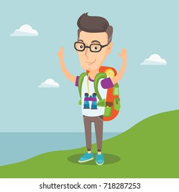 Cheerful smiling tourist with backpack standing on the cliff with raised hands and enjoying the scenery. Satisfied happy man hiking in the mountains. Vector flat design illustration. Square layout.