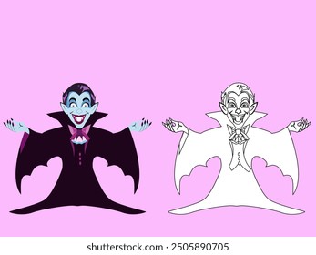 Cheerful smiling vampire. Line and vector illustrations for children's coloring and book