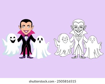 Cheerful smiling vampire with two ghosts. Line and vector illustration for children's coloring book and book