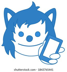 cheerful smiling wolf holding a smartphone, mobile phone or a small tablet, simplistic facial expression vector illustration, simple hand drawn emoticon, funny cartoon character