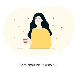 Cheerful smiling woman and friends celebrating at party together, chatting, drinking wine, having fun. Leisure, celebration, positive lifestyle, social concept. Flat isolated vector illustration.