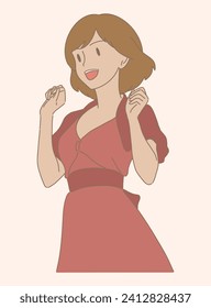 Cheerful smiling woman spreading arms, raising fists, celebrating for good news, cheering up, showing positive emotion with gesture. Hand drawn flat cartoon character vector illustration.