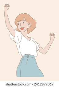 Cheerful smiling woman spreading arms, raising fists, celebrating for good news, cheering up, showing positive emotion with gesture, hooray. Hand drawn flat cartoon character vector illustration.