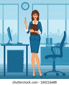 cheerful smiling woman standing in office