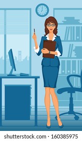 cheerful smiling woman standing in office