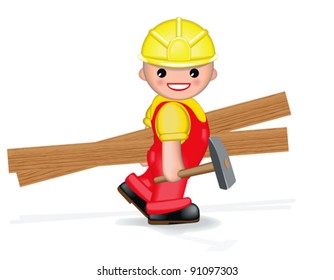 Cheerful smiling worker carries planks and hammer going to work.