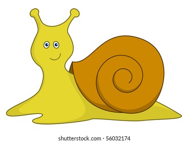 Cheerful smiling yellow blue-eyed snail with a brown bowl