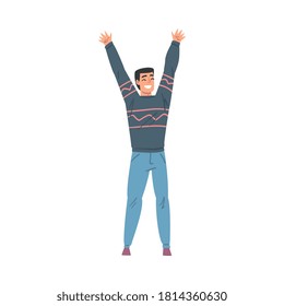 Joven sonriente alegre parado con manos levantadas, personaje de persona feliz con ropa informal estilo vector de dibujos animados Ilustración