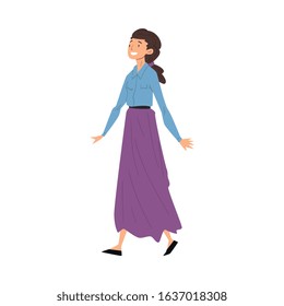 Cheerful Smiling Young Woman in Casual Clothing Walking Vector Illustration